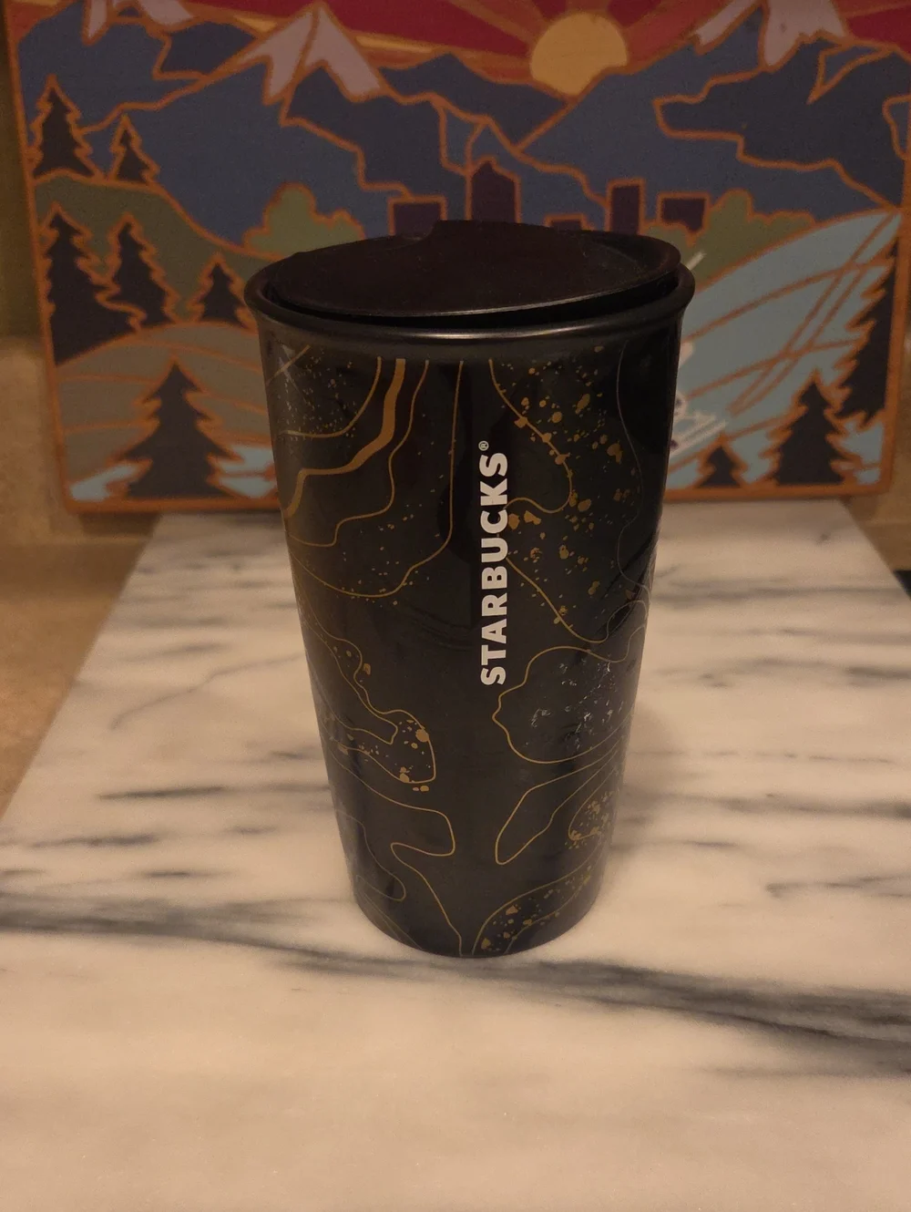 Starbucks Ceramic Black and Gold Patterned Travel Mug